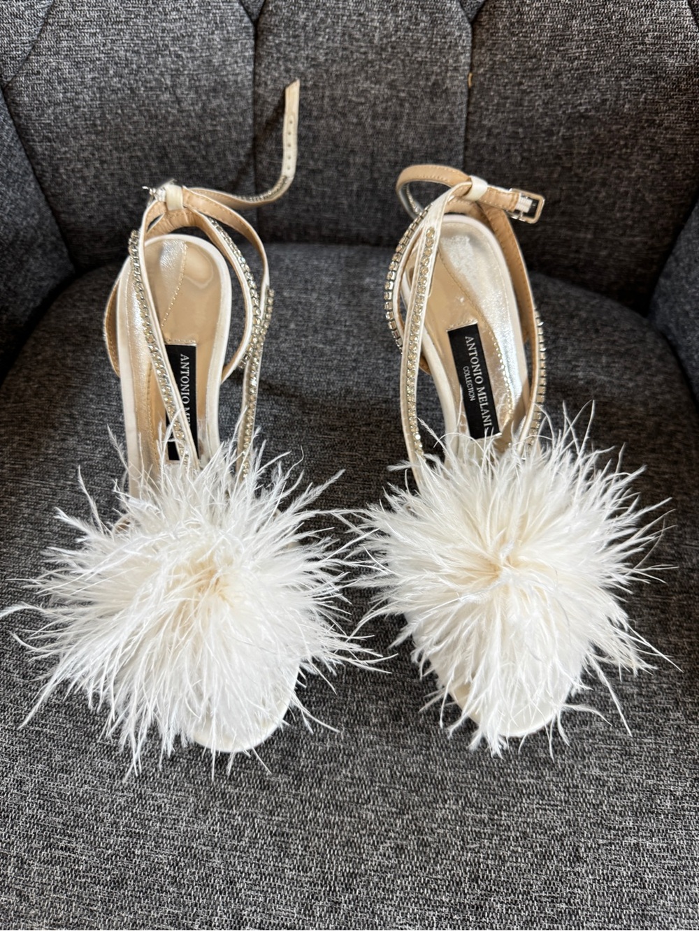 Antonio Melani Feather Rhinestone Heels Ivory